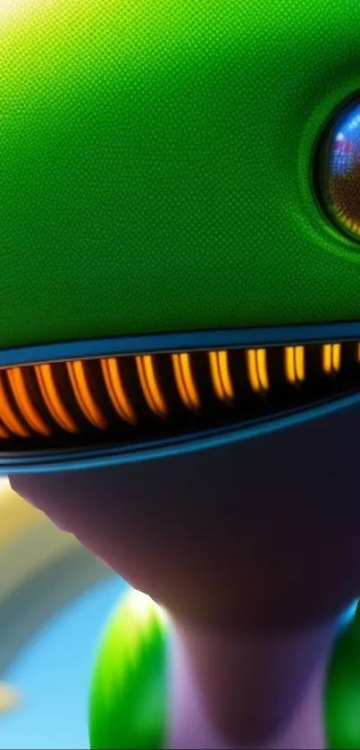 Vibrant alien creature with green hues on phone wallpaper.