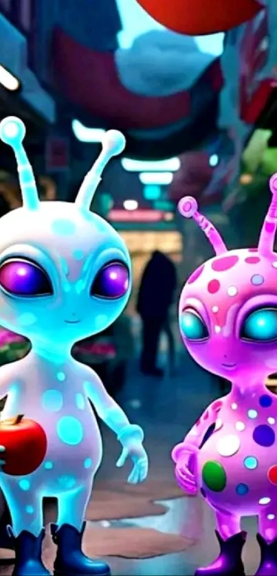 Colorful alien characters in a market scene, vibrant and whimsical for phone wallpaper.