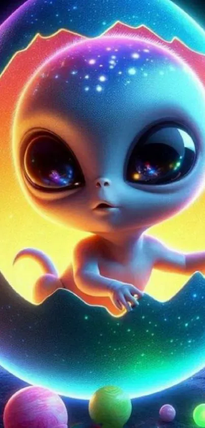 Cute alien emerging from a colorful cosmic egg with planets.