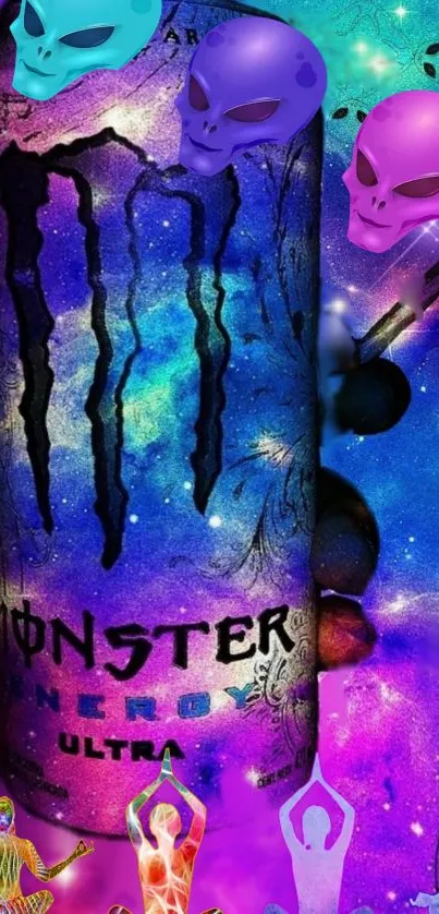 Vibrant wallpaper with Monster energy drink and colorful alien theme.