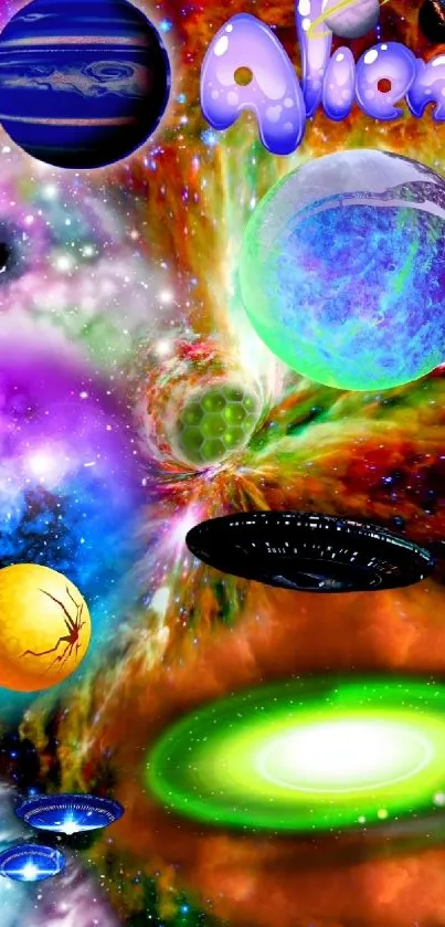 Colorful alien planets and spaceships in cosmic wallpaper.