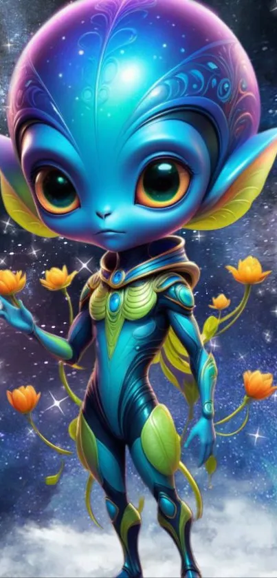 Colorful alien with flowers in galaxy background.