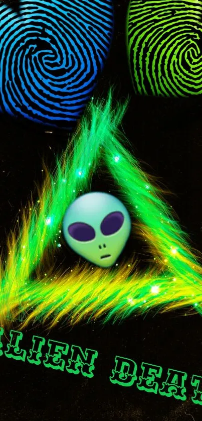 Neon alien design with colorful hearts and triangle on mobile wallpaper.