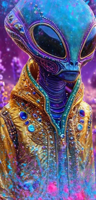 Colorful alien in a cosmic world, vibrant and surreal scene.