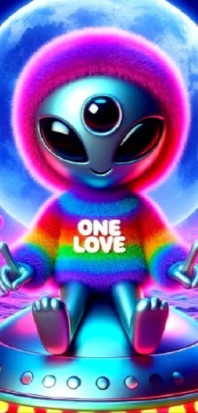 Colorful alien with 'One Love' sweater on a vibrant cosmic background.