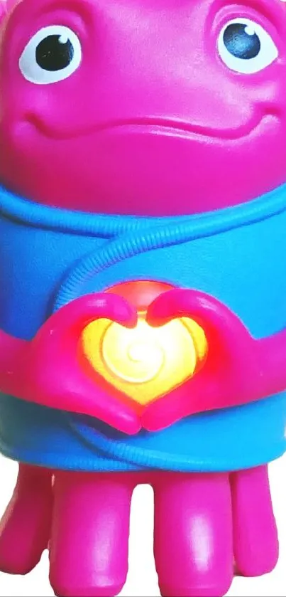 Vibrant pink alien holding a glowing heart.