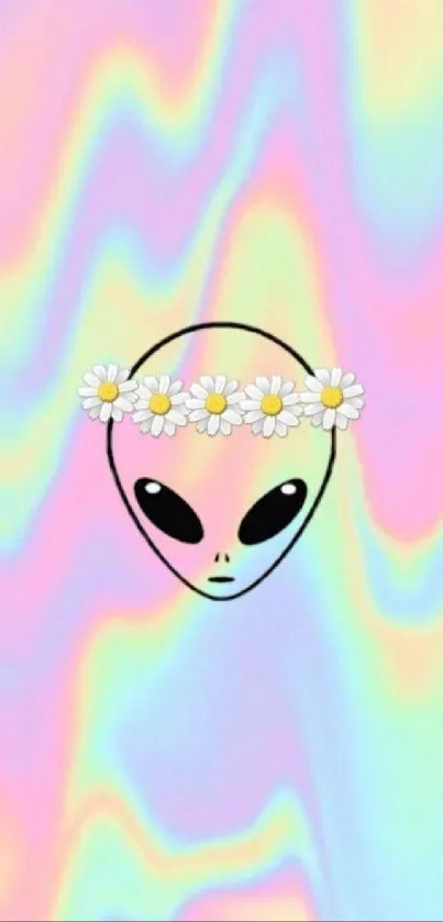 Alien with a daisy crown on colorful pastel waves.