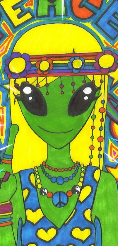 Psychedelic alien art with peace symbols and vibrant colors.