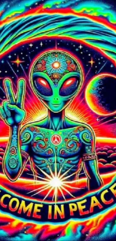 Vibrant alien-themed wallpaper with neon colors and peace sign.