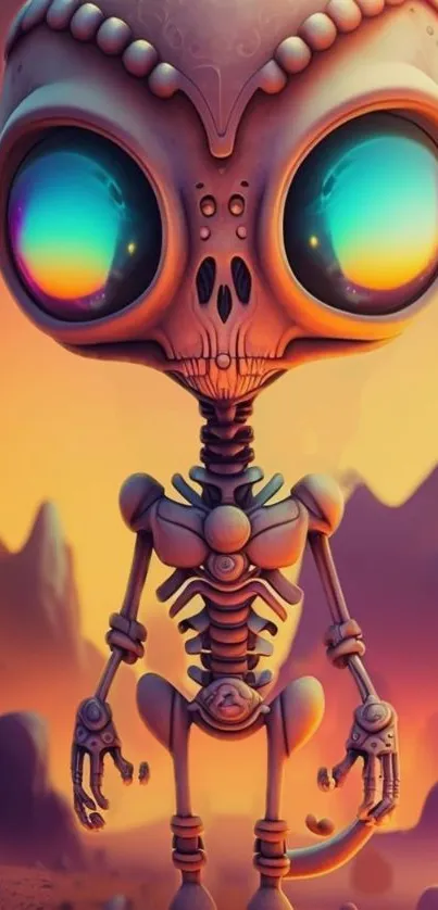 Surreal alien skeleton with colorful eyes in a vibrant fantasy setting.