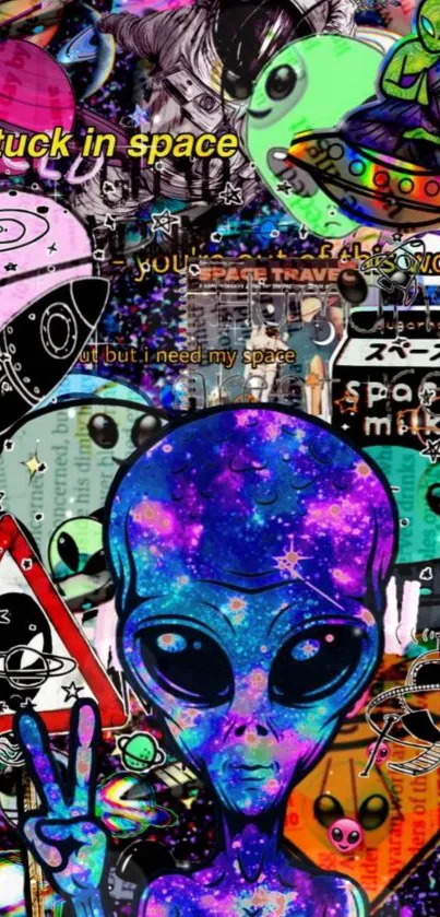 Colorful alien space collage wallpaper with cosmic designs.