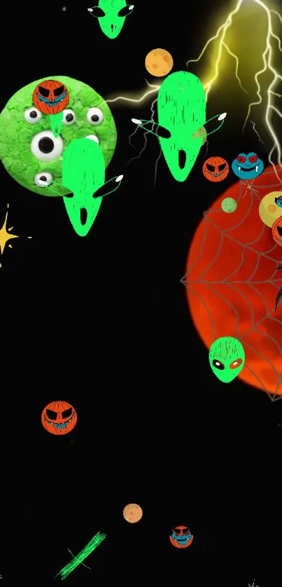 Cartoonish aliens and spider web on dark background.