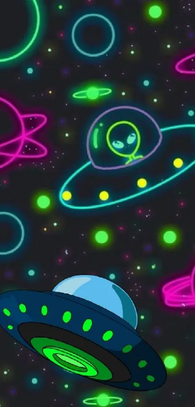 Neon UFO and alien themed mobile wallpaper with vibrant colors.