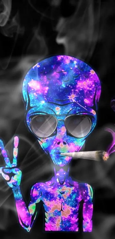 Alien in sunglasses with vibrant galaxy design smoking.