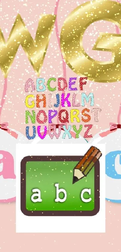 Colorful cones and alphabet letters on a light pink background.