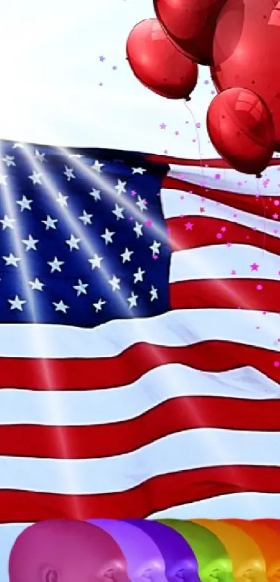 Colorful American flag wallpaper with balloons and abstract elements.