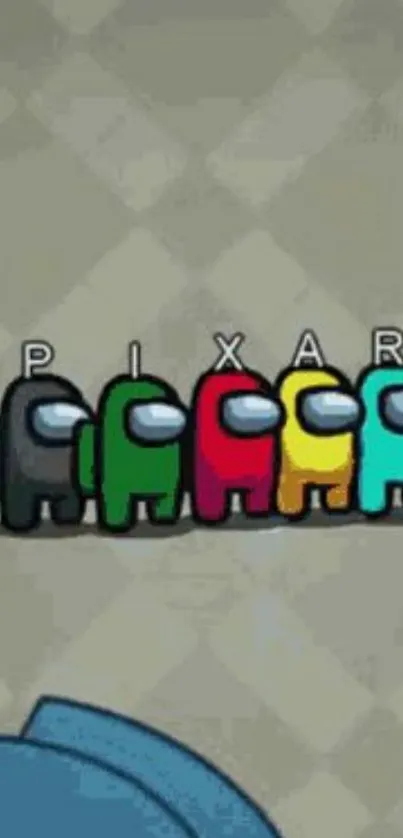 Colorful Among Us characters forming 'PIXAR' in game setting.