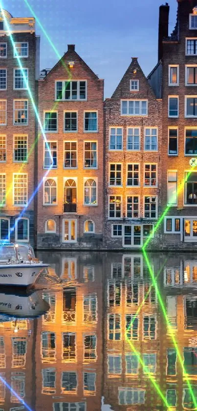 Amsterdam canal houses with neon reflections and vibrant colors at dusk.