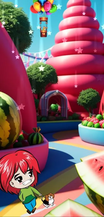 Vibrant cartoon amusement park wallpaper with colorful elements.