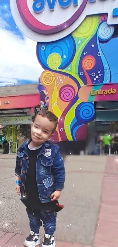 Child in denim outfit at colorful amusement park.