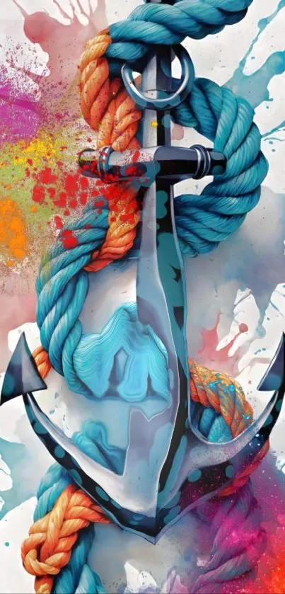 Colorful anchor with bright ropes and paint splashes on mobile wallpaper.