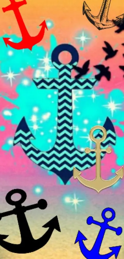 Colorful anchors on a gradient backdrop with birds in a vibrant design.