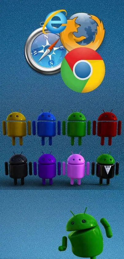 Colorful Android mascots with browser logos on a blue background.