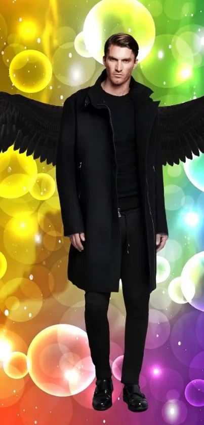 Man with black wings on a vibrant rainbow bubble background.