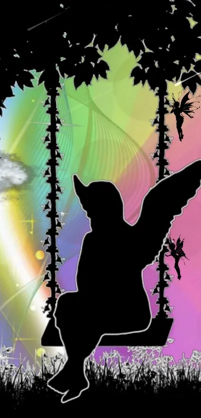 An angel silhouette on a swing with a colorful, fantasy background wallpaper.