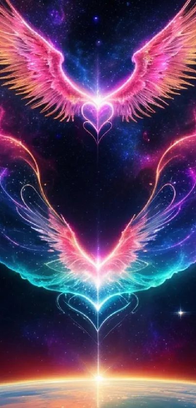 Colorful angel wings with cosmic backdrop in vivid pink and blue hues.