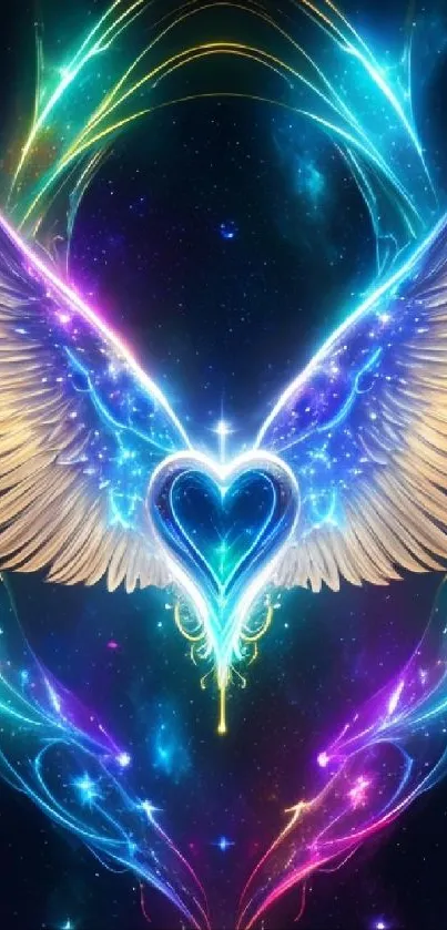 Colorful angel wings with glowing heart on cosmic background.