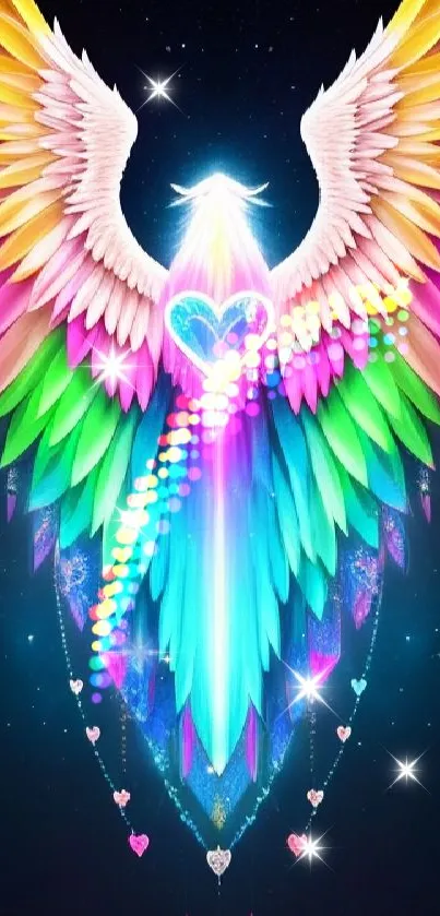 Vibrant angel wings with heart centerpiece on colorful background.