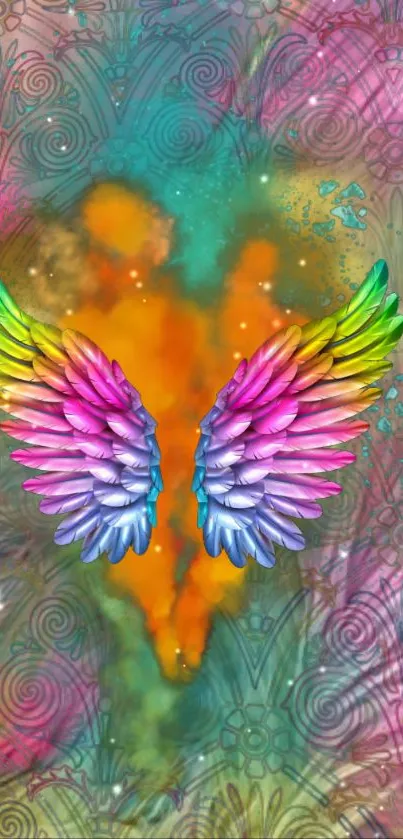Colorful angel wings on an abstract design background.
