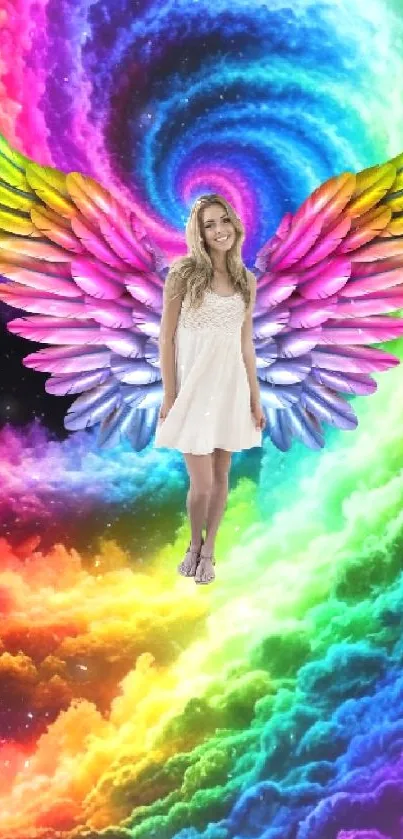 Woman with angel wings in a rainbow vortex.