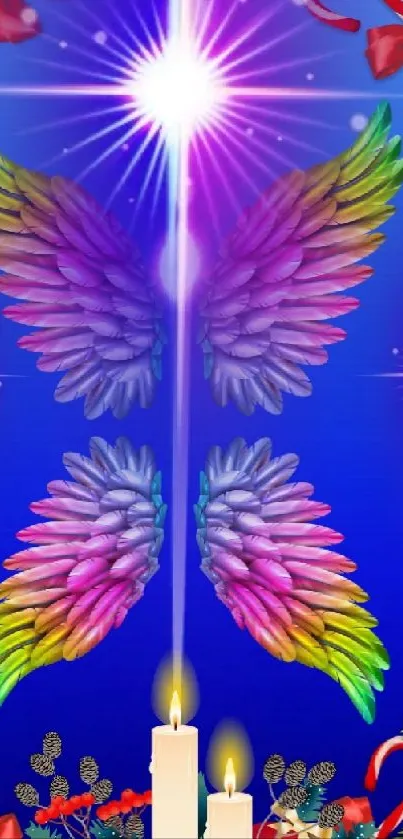 Colorful angel wings with stars on blue background.