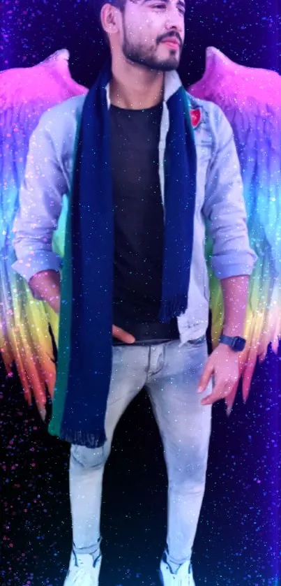 Stylish figure with rainbow angel wings on a starry background.