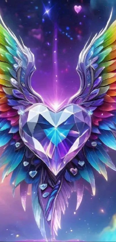 Vibrant triple wings with a crystal heart, glowing in rainbow colors.