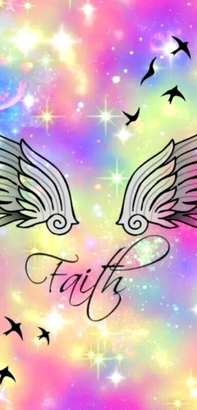 Vibrant rainbow wallpaper with angel wings and 'Faith' text.