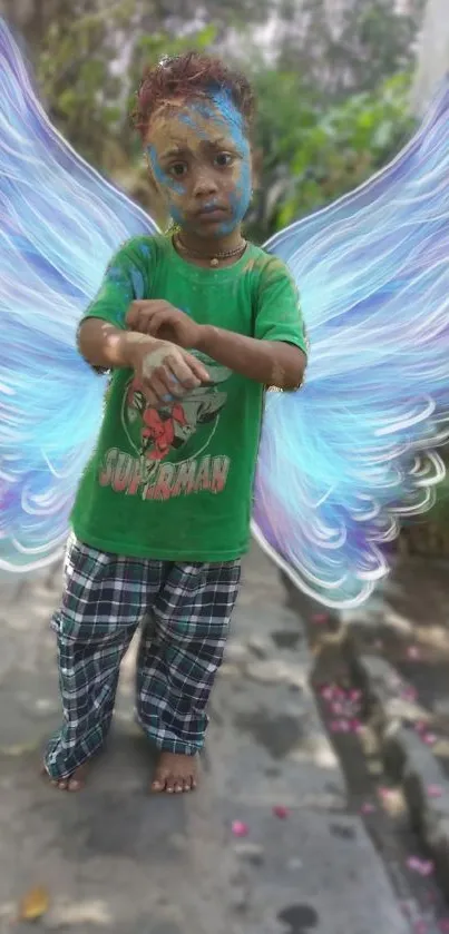 A child with digital angel wings and colorful face paint.