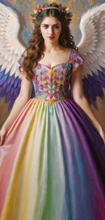 Colorful angel with rainbow dress and wings mobile wallpaper.