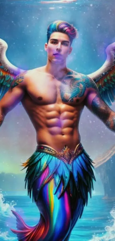 Vibrant and colorful merman with wings in a fantasy setting.