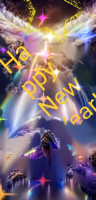 Vibrant New Year wallpaper with angelic wings and colorful clouds.