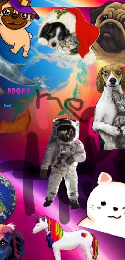 Collage of cute animals and astronaut on a colorful, vibrant background.