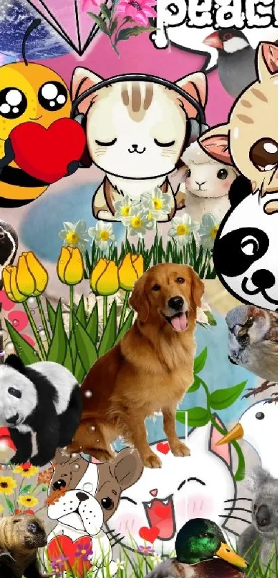 Vibrant animal collage with pets and flowers on a mobile wallpaper.