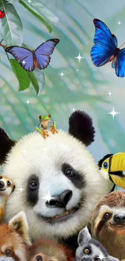 Panda surrounded by forest animals and butterflies with vibrant colors.