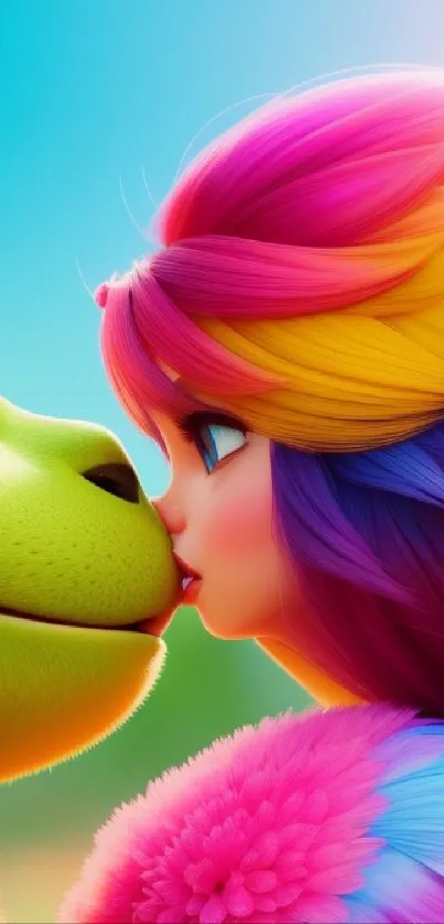 Colorful animal couple sharing a kiss in a whimsical background.