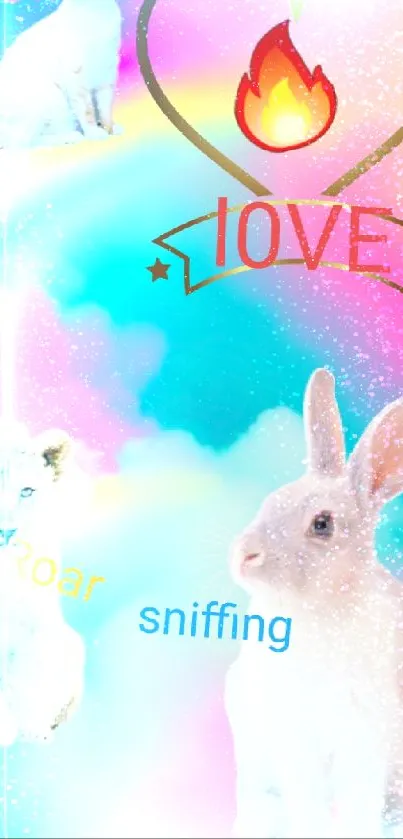 Colorful wallpaper with a lion, cat, rabbit, rainbow, and love symbol.