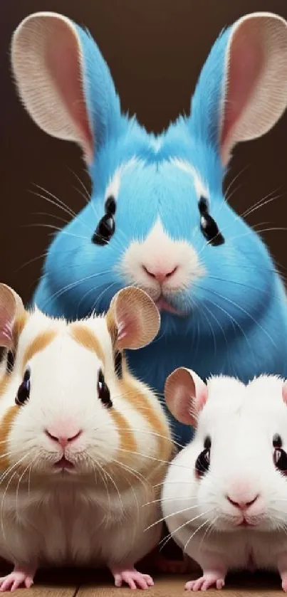 Blue rabbit and two guinea pigs in vibrant wallpaper.