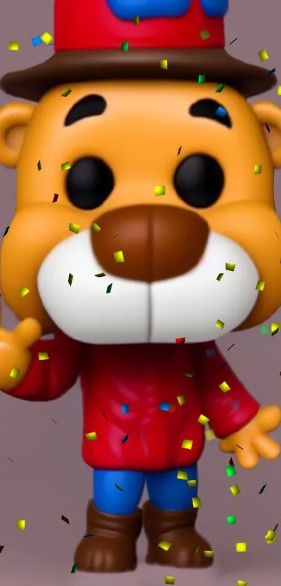 Cartoon bear in red outfit with confetti falling around.