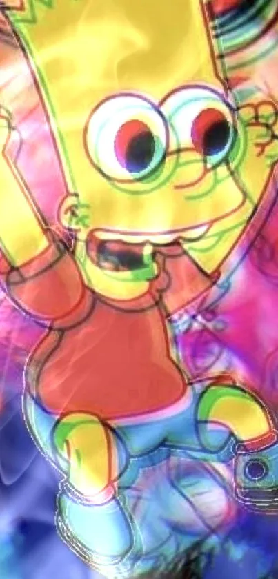 Colorful animated character on a vibrant, psychedelic background.